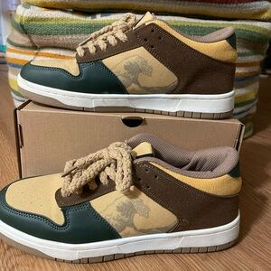 Fashion Sneakers brown, creme, and dark green with Japanese Wave design